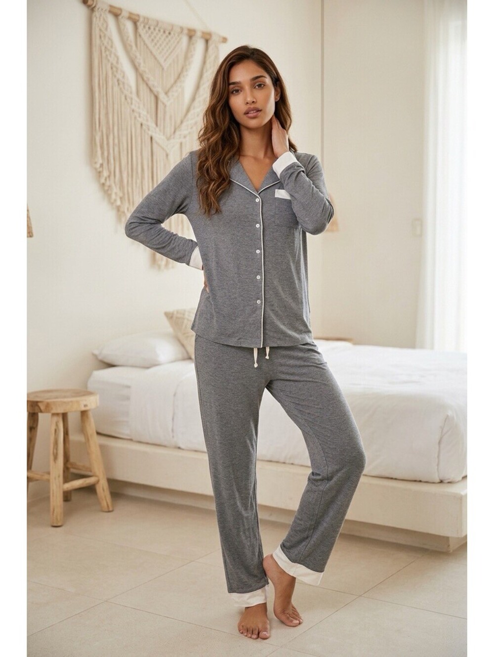 Haven Well Within Tencel Lyocell/Spandex Button Front Pajama Set Gray S